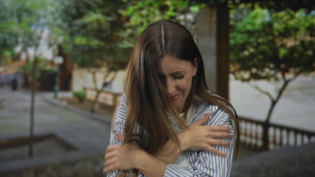 Young hispanic woman hugging arms across chest on a busy urban street; vulnerability discomfort cold.