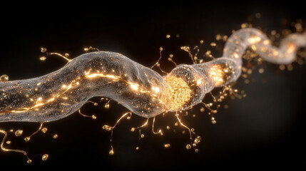 A surge of glowing golden dopamine molecules released in the brain's reward pathway.