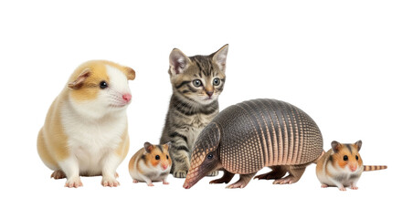 Fototapeta premium Guinea pig, kitten, hamster, armadillo and mice isolated on white background, small mammals and pets collection, perfect for educational and pet care content