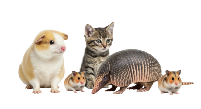 Guinea pig, kitten, hamster, armadillo and mice isolated on white background, small mammals and pets collection, perfect for educational and pet care content