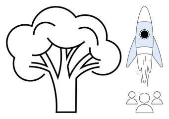 Black tree outline, blue rocket launching, and three user icons together convey growth, innovation, community, and success. Ideal for sustainability, startup, teamwork creativity technology