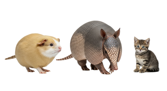 Hamster, armadillo, and kitten isolated on white background, cute small animals comparison, perfect for educational materials