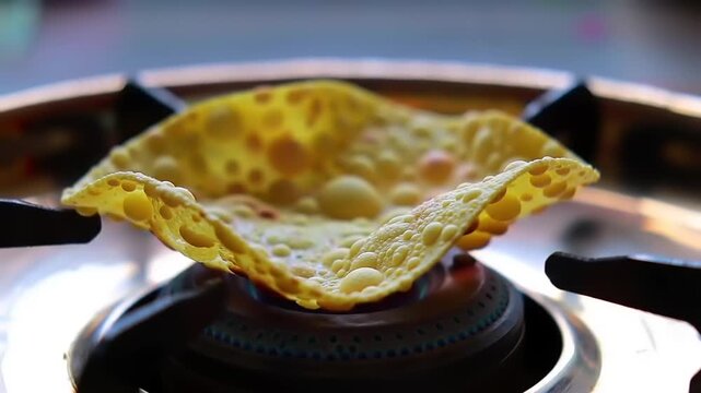 Crispy Indian papadum cooking on gas stove.