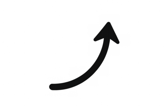 Black curved arrow icon symbolizing growth, success, upward direction, improving progress, analytics, increasing