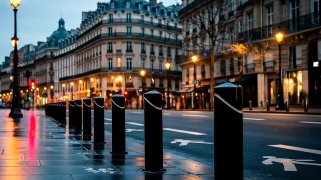 Rainy evening in a city street with illuminated buildings and light trails