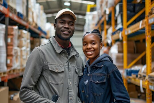 Young couple smiling together in a warehouse - Powered by Adobe