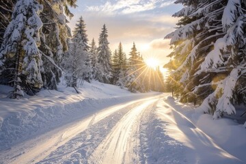 Sunrise over a snowy road in winter