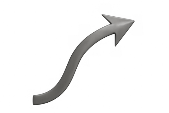 Gray 3d curved arrow pushing upwards, illustrating growth, progress, business trend, success and aiming high