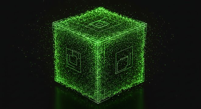 Glowing green digital cube with intricate network patterns on a dark background.