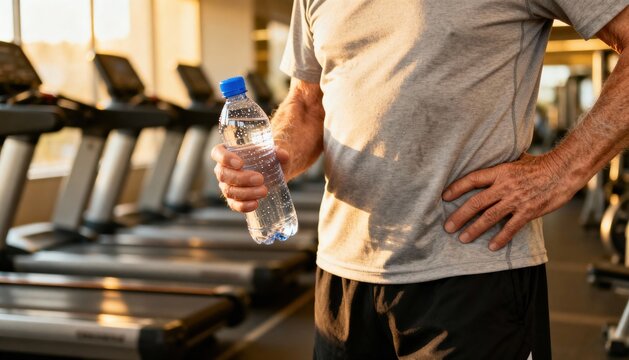 Active senior man with water bottle in gym during golden hour. Thirsty older person staying hydrated after fitness training. Healthy lifestyle, vitality and active retirement concept.