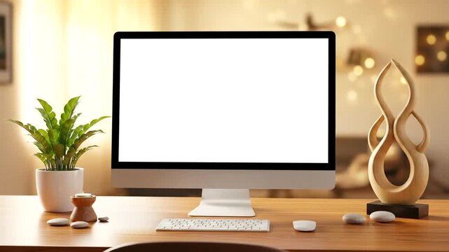 Modern workspace featuring a blank computer screen, decorative plant, and art piece
