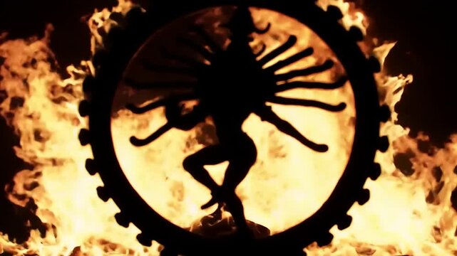 Dancing Hindu god against fire.
