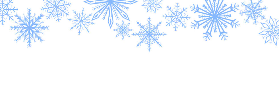 Vector illustration of blue snowflakes forming a decorative border at the top on a white background. Winter frame design for Christmas greeting cards, invitations, or holiday decoration