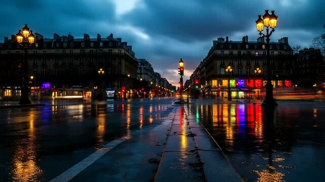 Rainy evening in Paris with glowing street lamps and reflections