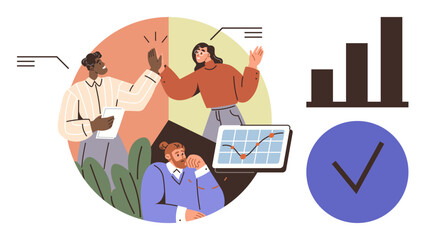 Colleagues brainstorming with charts, discussing data trends. Growth, teamwork, strategy. Ideal for business, analytics, success planning collaboration presentation. Modern simple flat metaphor