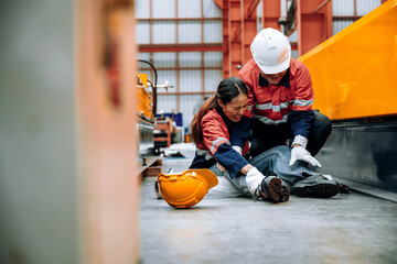 Injured employee receiving assistance from colleague in manufacturing facility after workplace...