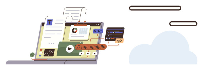 Laptop displaying code editor, chart, document, video playback, and HTML tools alongside floating cloud. Ideal for coding, teamwork, data visualization, content creation education web technology