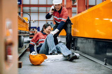 Senior Technician Calling Emergency Help Injured Worker. Serious Industrial Accident Urgent Medical...