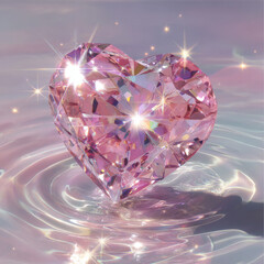 Stunning pink heart shaped diamond rests gracefully on shimmering water ripples, reflecting light and creating magical atmosphere