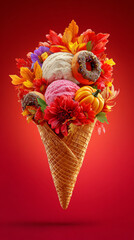 Delightful ice cream cone filled with colorful flowers, donuts, and autumn leaves, creating vibrant and festive atmosphere