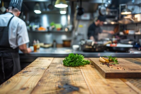 Chefs preparing food in a busy kitchen