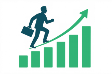 Business person silhouette running up green bar graph with rising arrow, representing career growth and financial progress