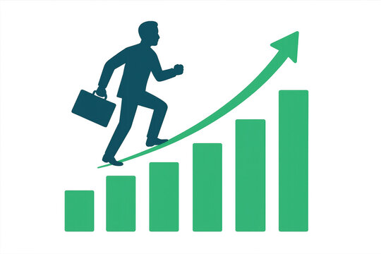 Business person silhouette running up green bar graph with rising arrow, representing career growth and financial progress - Powered by Adobe