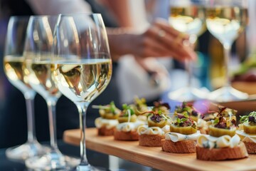 Elegant appetizers and white wine at a social gathering