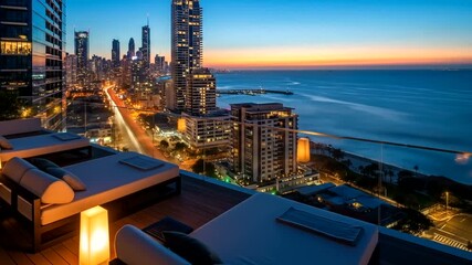 Luxurious rooftop view at sunset over a vibrant city skyline and ocean - Powered by Adobe