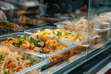 Variety of colorful dishes displayed in food containers