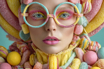 Beautiful fashion model wearing colorful outfit made of candy, showcasing vibrant makeup and playful accessories, exuding joy and creativity