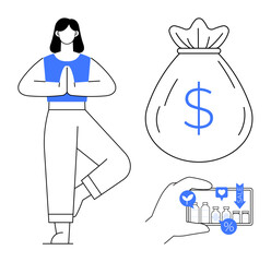 Woman practicing yoga alongside a money bag and hand holding a shopping app with products and discounts. Ideal for mindfulness, finance, shopping, budgeting, wellness, technology, simple flat