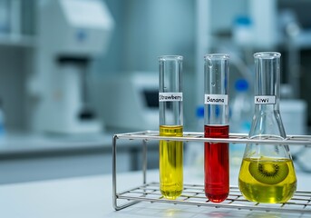 Laboratory glassware with colorful liquids in a scientific experiment.