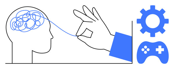 Hand untangling messy brain lines symbolizing clarity and focus, paired with gear and game controller to signify problem-solving, creativity, and strategy. Ideal for mental health, productivity