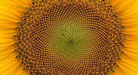 Close-up of a vibrant sunflower head showcasing its intricate spiral patterns and golden petals.