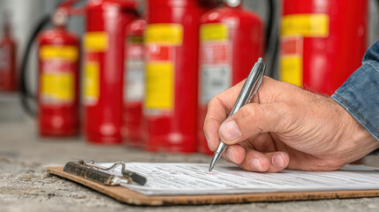 Close up of a hand writing on a clipboard with a pen in a workshop setting, red fire extinguishers blurred in the background, conveying focus and safety protocol.