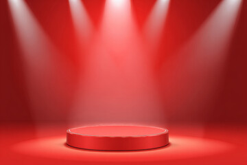 Red award podium illuminated by bright stage lights creates dramatic atmosphere, perfect for showcasing achievements and celebrations