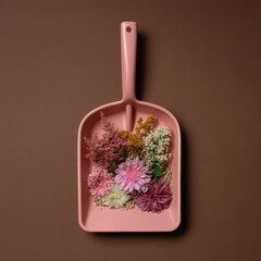 Pink dustpan filled with colorful flowers on brown background creates charming and vibrant display