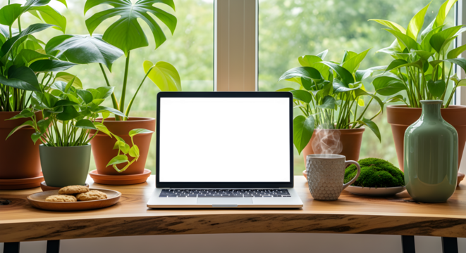 Open laptop with a blank white screen centered on a live edge wooden desk. The space is bright and healthy, decorated with numerous potted green houseplants by a large window.