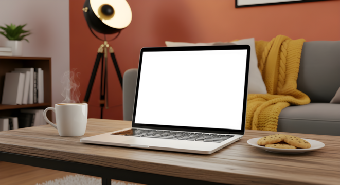 Close-up of an open laptop with a blank screen, a steaming mug of coffee, and cookies on a wooden coffee table. The cozy background includes a sofa, yellow throw, and ambient lighting.