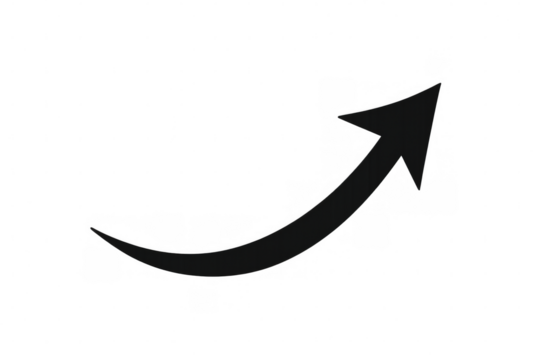 Black upward curving arrow indicating growth, success, progress, direction, rising trend, and business development