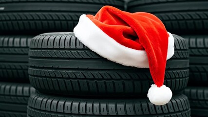 Stack of car tires with a red santa hat on top in a workshop, concept of Christmas holiday service in a garage footage - Powered by Adobe