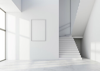Fototapeta premium Modern white staircase and empty frame on wall in bright interior
