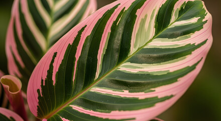 Close-up of a vibrant pink and green Calathea Triostar leaf showcasing its striking natural patterns.