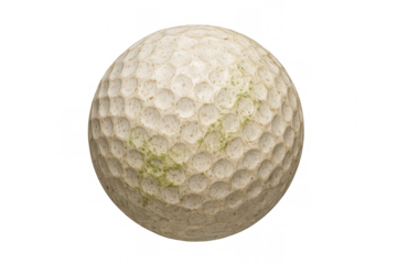 Old golf ball showing weathered dimples and green patches, creating a textured surface on a transparent background