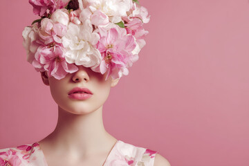 Fashion model with floral headpiece poses against pink background, exuding elegance and beauty. vibrant flowers create striking visual impact