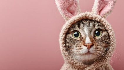 Portrait of smiling cat wearing bunny costume, showcasing its adorable features against soft pink background. This charming image evokes joy