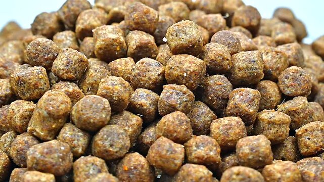 Dog food Dry dog food close-up on white background Pet kibble 