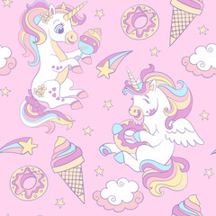 Seamless pattern with unicorns and sweets vector illustration