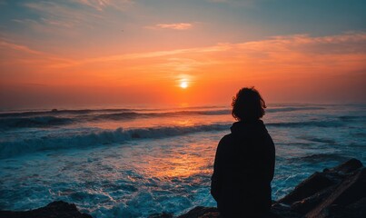 Person Silhouetted Watching Sunset Over Ocean Waves.